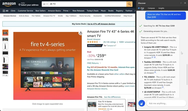 Screenshot of an amazon TV product page showing user Tom Warren of The Verge succesfully searching for comparable TVs based on information written on the product page